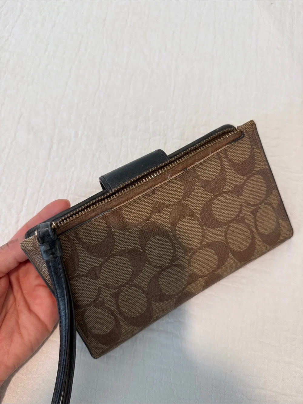 Coach Wallet - Brown Signature Canvas Wristlet with Black Trim